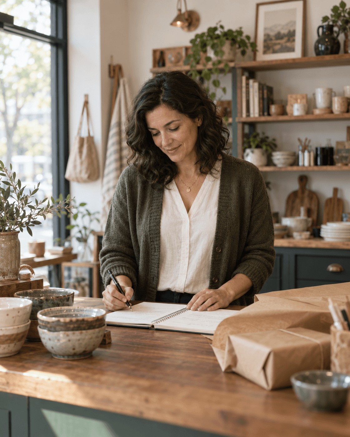 A shop owner reviewing a notebook at a homewares counter.